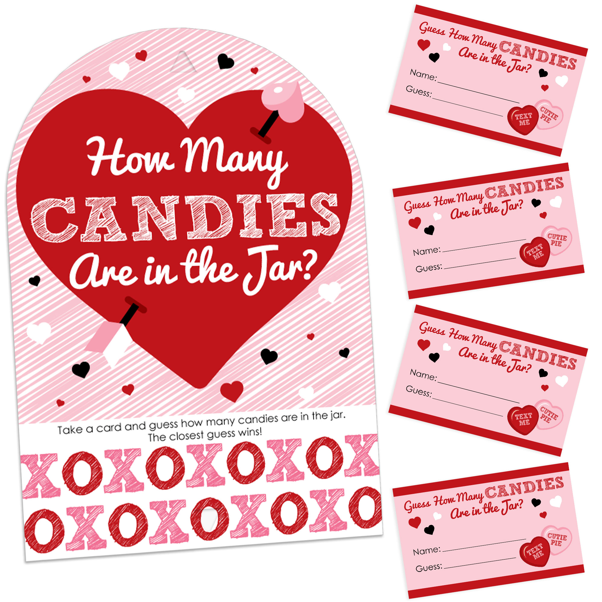 Big Dot of Happiness Conversation Hearts - How Many Candies Valentine's Day  Party Game - 1 Stand and 40 Cards - Candy Guessing Game
